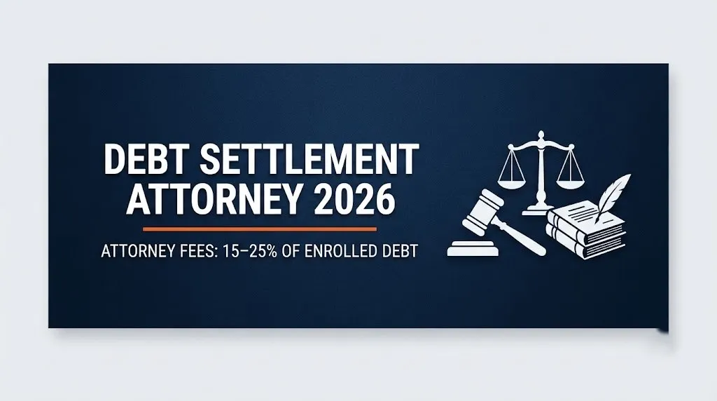 Debt settlement attorney 2026 hero banner showing typical fee range of 15 to 25 percent on a navy background with legal icons.