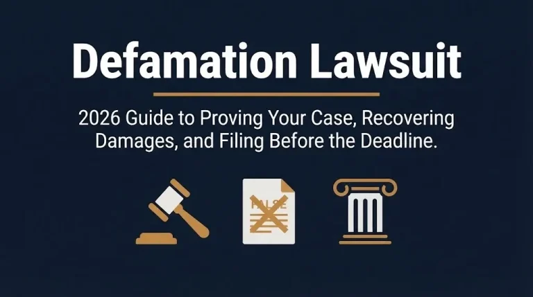 Defamation lawsuit 2026 hero banner with gavel, false statement document, and courthouse icons.