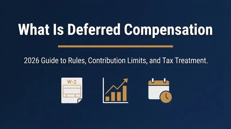 Deferred compensation 2026 guide hero banner showing tax form, growth chart, and calendar icons.