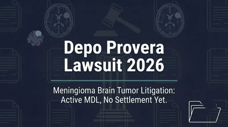 Depo Provera Lawsuit 2026 hero banner showing meningioma litigation status with gavel and brain scan imagery on navy background.