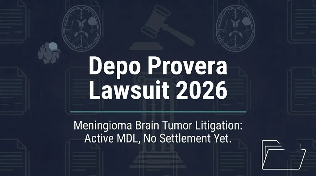 Depo Provera Lawsuit 2026 hero banner showing meningioma litigation status with gavel and brain scan imagery on navy background.