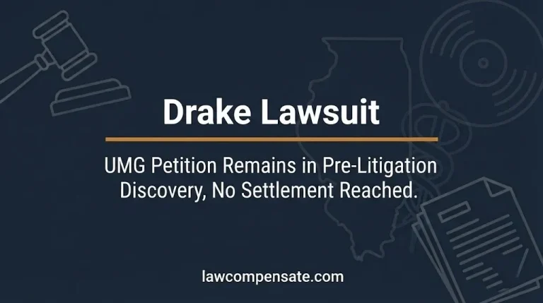 Drake lawsuit UMG petition banner showing pre-litigation discovery status and no settlement reached as of July 2026.