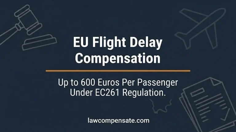 EU flight delay compensation guide banner showing up to 600 euros per passenger available under EC261 regulation in 2026.