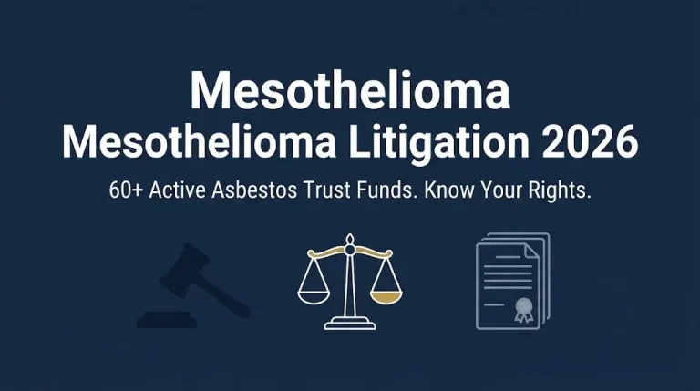 Editorial banner for mesothelioma litigation 2026 highlighting more than 60 active asbestos trust funds and patient legal rights.