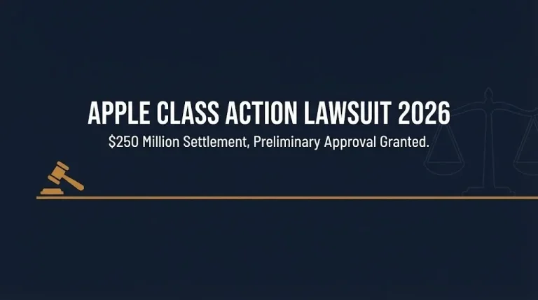 Editorial banner for the Apple class action lawsuit 2026 showing the $250 million Siri settlement status.