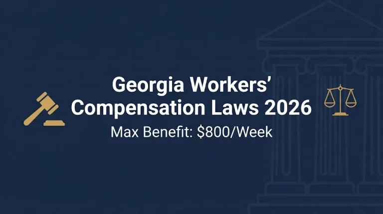 Editorial banner showing Georgia workers compensation laws 2026 headline with $800 per week maximum benefit subheading.