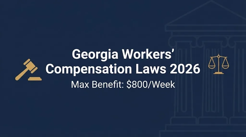 Editorial banner showing Georgia workers compensation laws 2026 headline with $800 per week maximum benefit subheading.