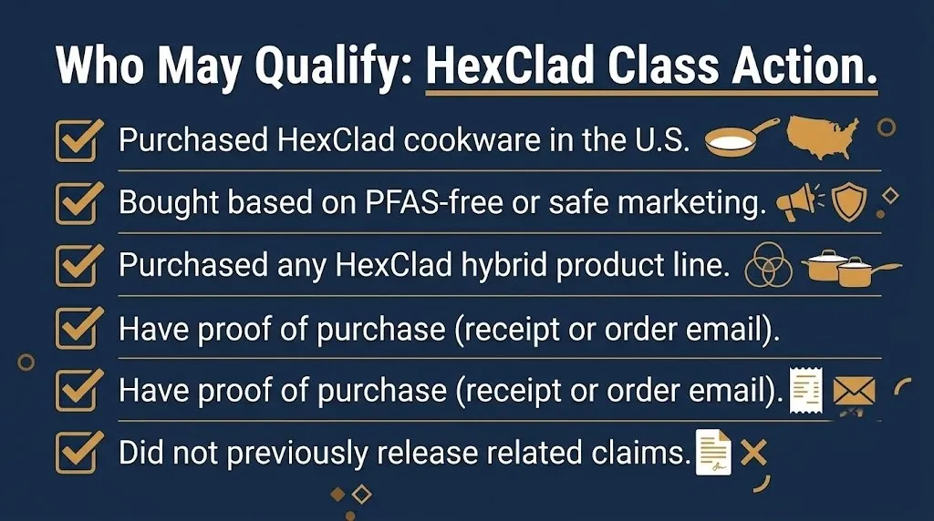 Eligibility checklist for the HexClad class action lawsuit showing five criteria buyers may need to qualify.