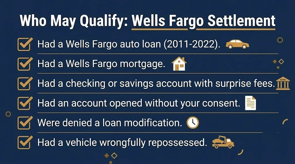 Eligibility checklist for the Wells Fargo settlement 2026 showing six qualifying account and harm categories.