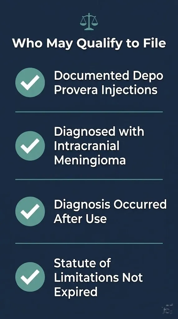 Eligibility checklist infographic showing four criteria to qualify for the Depo Provera meningioma lawsuit with checkmark icons.