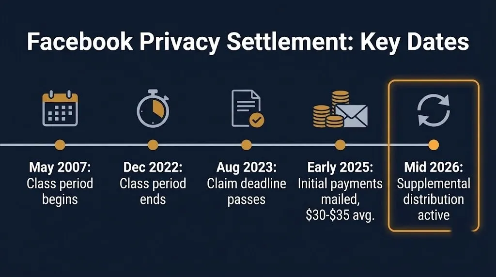 Facebook privacy settlement timeline from 2007 to 2026 showing key milestones with supplemental distribution currently active.