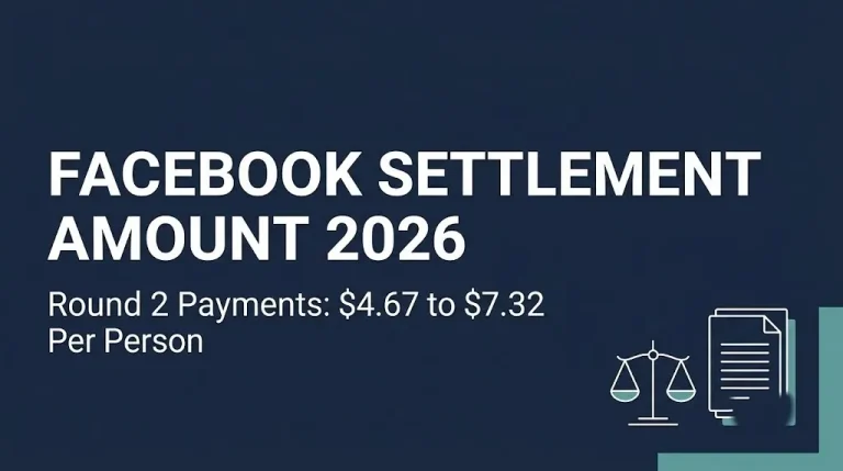 Facebook settlement amount 2026 banner showing second round payments of $4.67 to $7.32 per person.