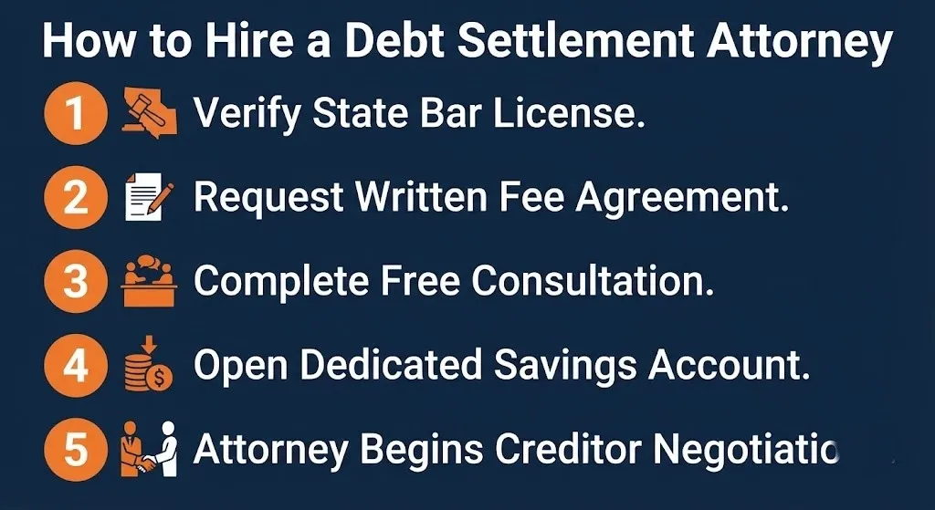 Five-step checklist showing how to hire a debt settlement attorney, from verifying a license to starting creditor negotiations.