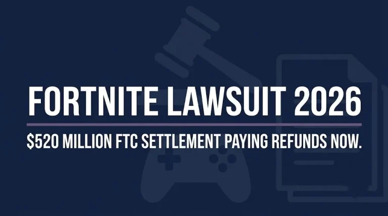 Fortnite Lawsuit 2026 hero banner showing $520 million FTC settlement with gavel and controller imagery on navy background.