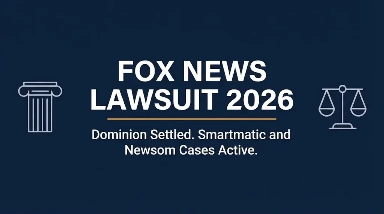 Fox News lawsuit 2026 hero banner noting the closed Dominion case and active Smartmatic and Newsom suits.