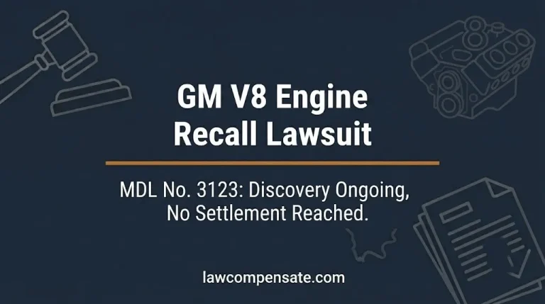GM V8 engine lawsuit banner showing MDL 3123 discovery status and no settlement reached as of July 2026.