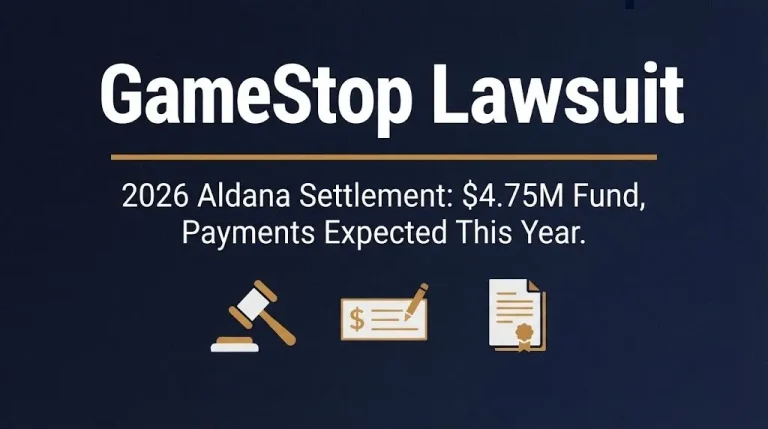 GameStop lawsuit 2026 hero banner with gavel, paycheck, and settlement document icons.