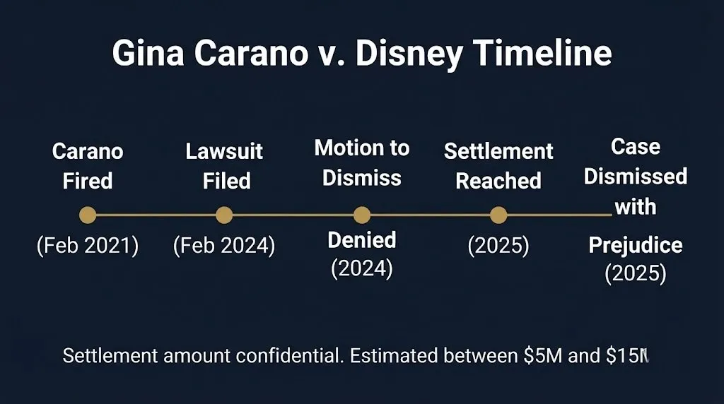 Gina Carano Disney lawsuit timeline showing five key events from firing in 2021 through case dismissal in 2025.