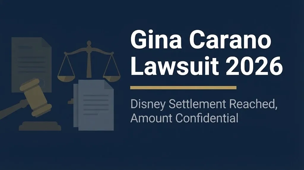 Gina Carano Lawsuit 2026 banner with headline and subheading about Disney settlement reached and confidential amount.