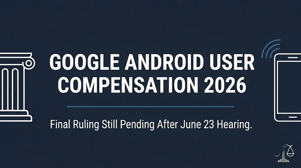 Google android user compensation 2026 hero banner noting the final ruling is still pending.