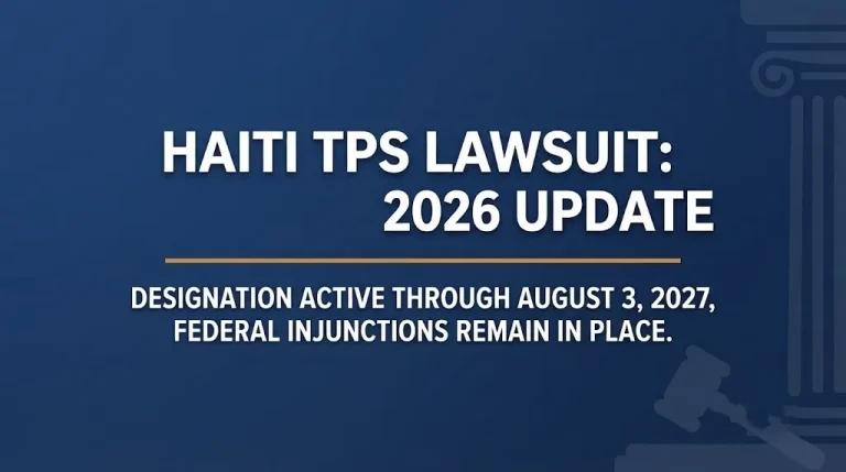 Haiti TPS Lawsuit hero banner showing 2026 status and August 2027 designation expiration against a navy background with legal symbolism.