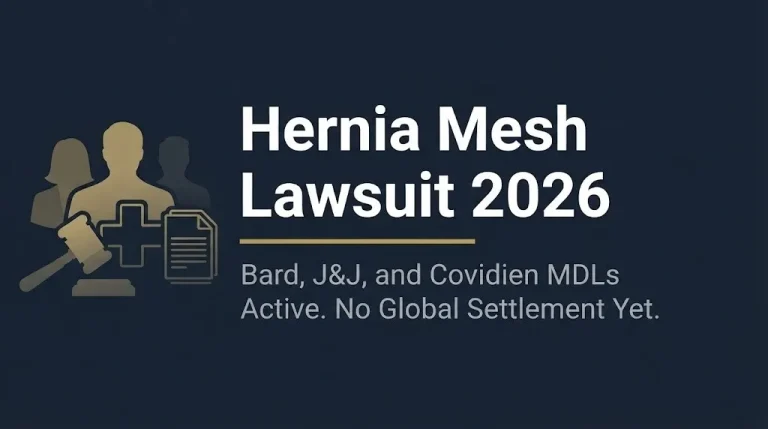 Hernia Mesh Lawsuit 2026 banner with headline and subheading about Bard J&J and Covidien MDLs active with no global settlement.