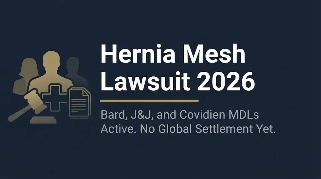 Hernia Mesh Lawsuit 2026 banner with headline and subheading about Bard J&J and Covidien MDLs active with no global settlement.