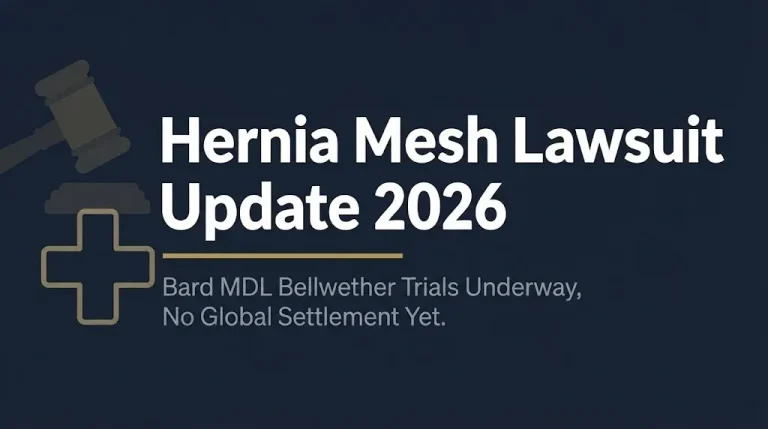 Hernia Mesh Lawsuit Update 2026 banner with headline and subheading about Bard MDL bellwether trials and no global settlement status.