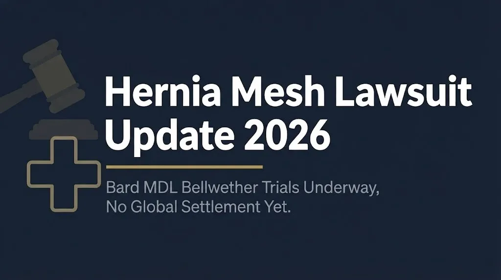 Hernia Mesh Lawsuit Update 2026 banner with headline and subheading about Bard MDL bellwether trials and no global settlement status.