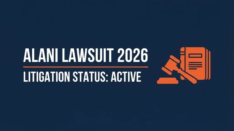 Hero banner for Alani lawsuit 2026 showing active status and legal icons on a navy background.
