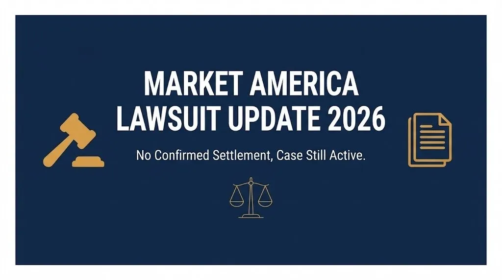 Hero banner for the Market America lawsuit update 2026 showing the case remains active with no confirmed settlement.