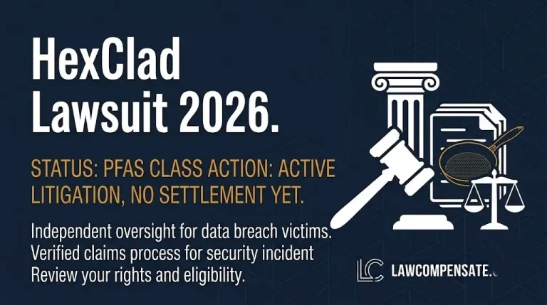 HexClad lawsuit 2026 hero banner showing active PFAS class action litigation status with legal symbols.