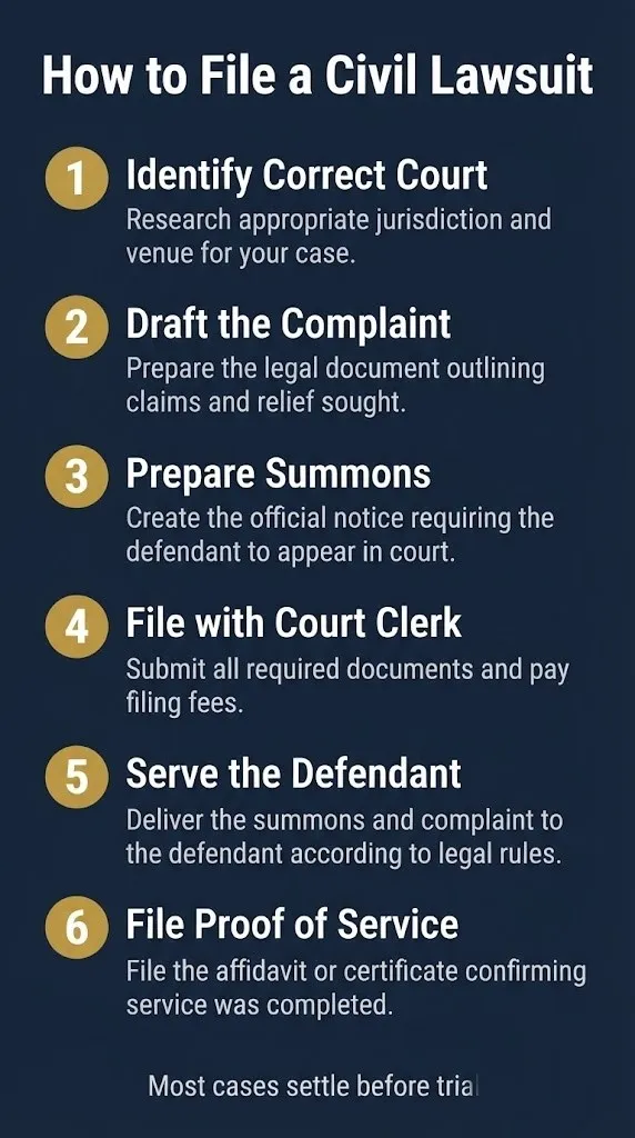 How to file a civil lawsuit infographic showing six steps from identifying the correct court through filing proof of service.