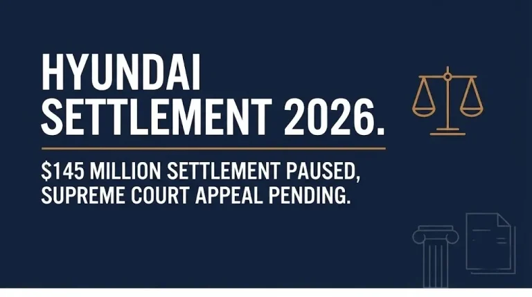 Hyundai settlement 2026 banner showing the $145 million theft payout paused by a Supreme Court appeal.