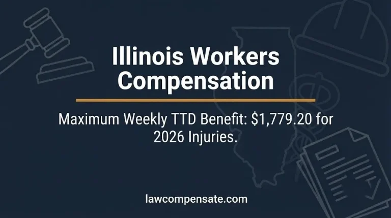 Illinois workers compensation guide banner showing the 2026 maximum weekly TTD benefit rate of 1,779 dollars and 20 cents.