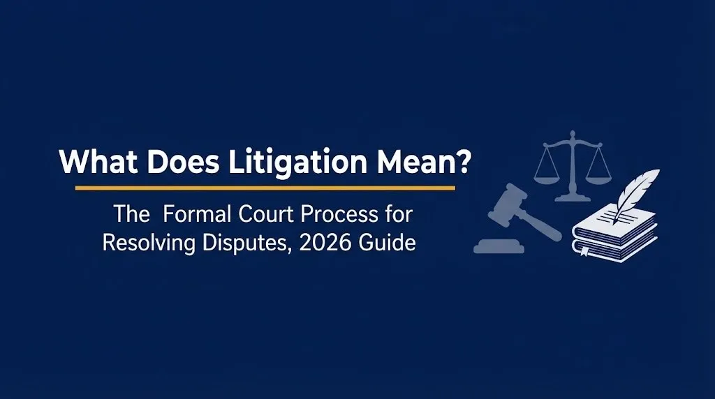 Infographic banner explaining what litigation means, featuring the 2026 guide headline and subheading with legal iconography.