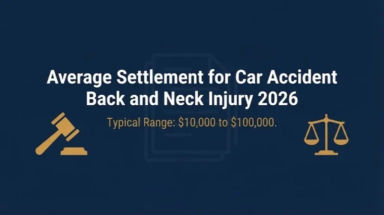 Infographic banner showing the average settlement for car accident back and neck injury typically ranges $10,000 to $100,000.