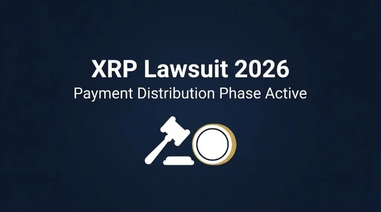 Infographic showing XRP lawsuit 2026 status with payments for the settlement fund currently processing.