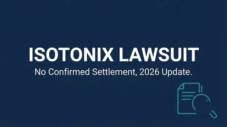 Isotonix lawsuit graphic showing no confirmed class action settlement exists as of 2026.