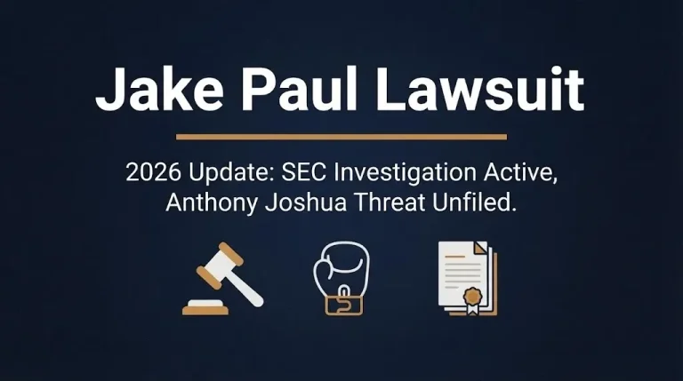Jake Paul lawsuit 2026 hero banner with gavel, boxing glove, and legal document icons.