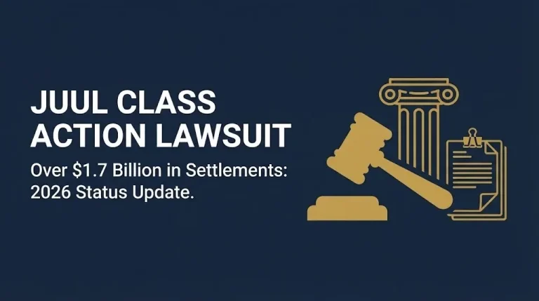 Juul class action lawsuit 2026 hero banner showing over 1.7 billion in settlements with gavel and courthouse icons.