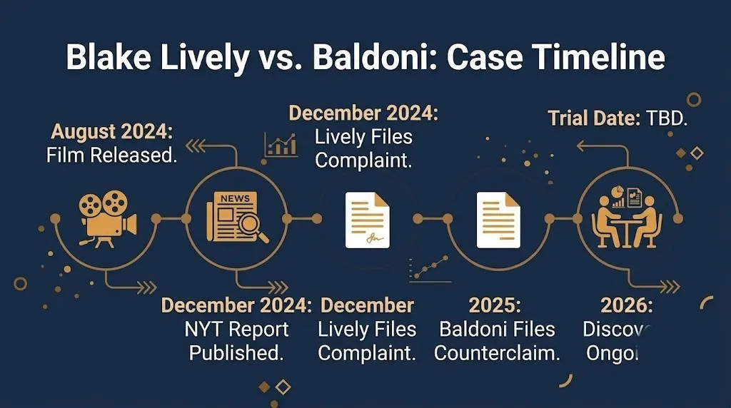 Key dates timeline for the Blake Lively and Justin Baldoni lawsuit from 2024 film release through 2026 litigation.