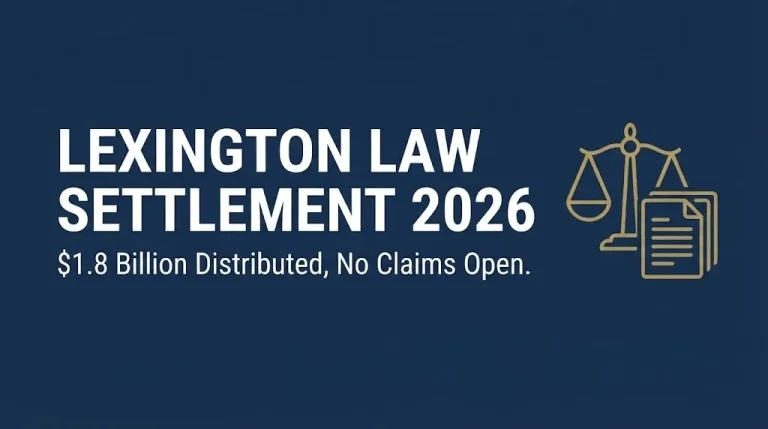 Lexington Law settlement 2026 banner showing $1.8 billion distributed with no open claims process.