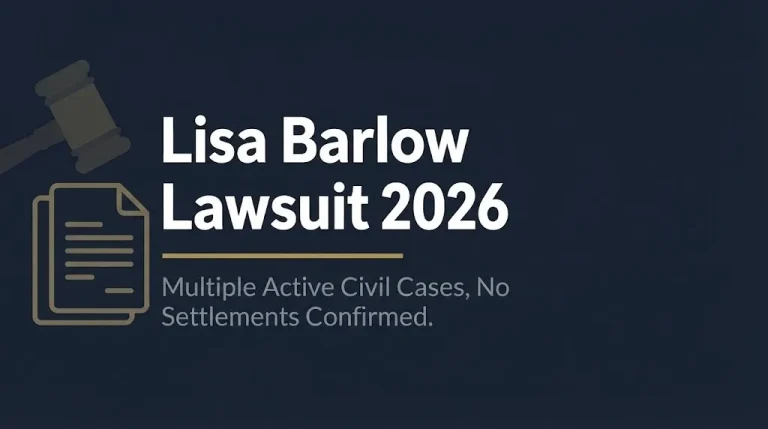Lisa Barlow Lawsuit 2026 banner with headline and subheading about multiple active civil cases and no confirmed settlements.