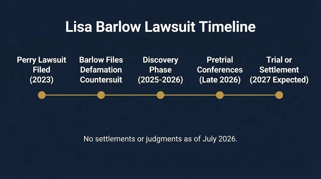 Lisa Barlow lawsuit timeline showing five stages from Perry lawsuit filing through expected trial or settlement in 2027.