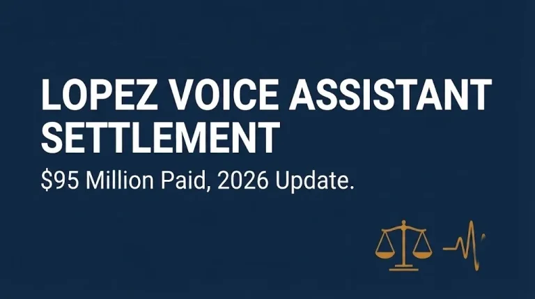 Lopez voice assistant settlement graphic showing the $95 million Apple Siri privacy payout in 2026.