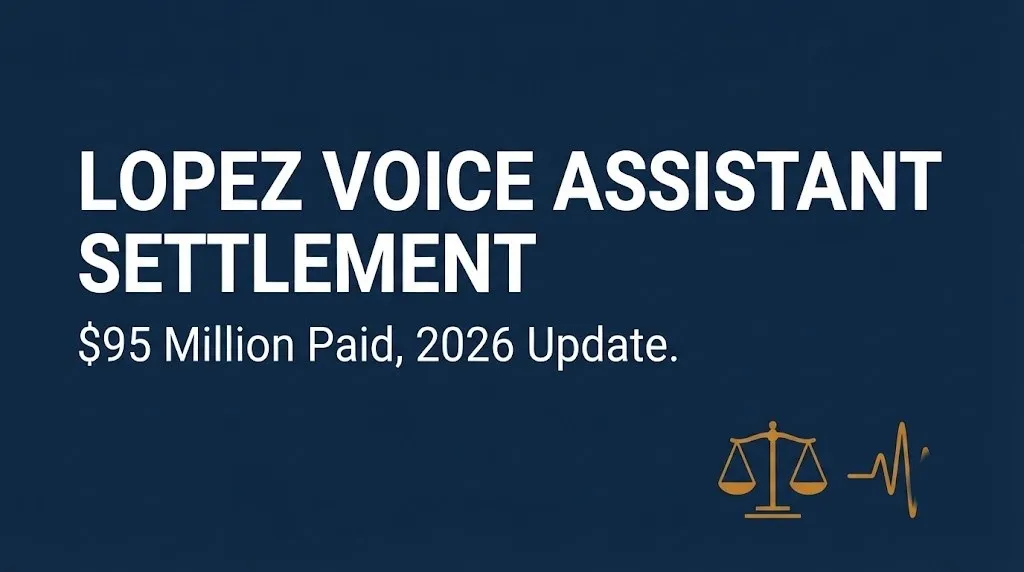 Lopez voice assistant settlement graphic showing the $95 million Apple Siri privacy payout in 2026.