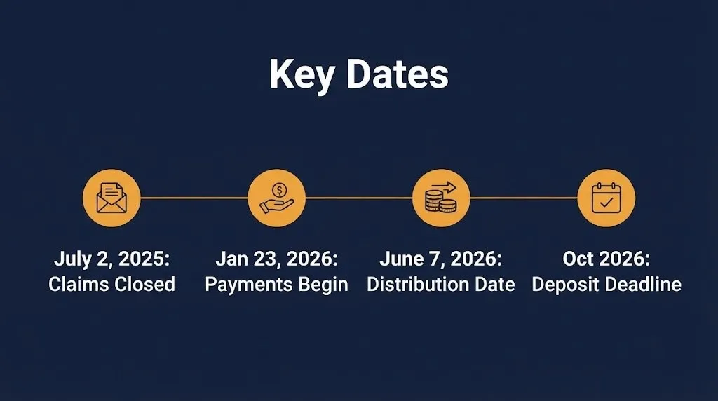 Lopez voice assistant settlement timeline showing claims closed, payments begun, and 2026 deposit deadline.