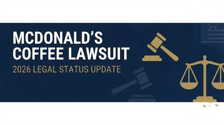 McDonald's coffee lawsuit 2026 update hero banner with gavel and scales of justice on navy background.