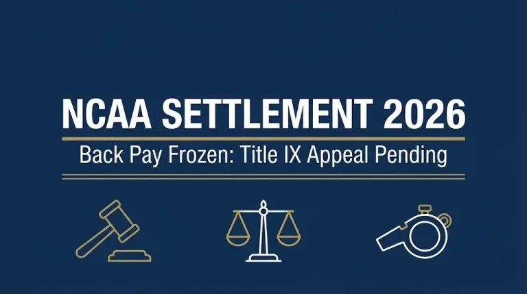 NCAA settlement 2026 banner showing House v. NCAA back pay frozen during Title IX appeal.